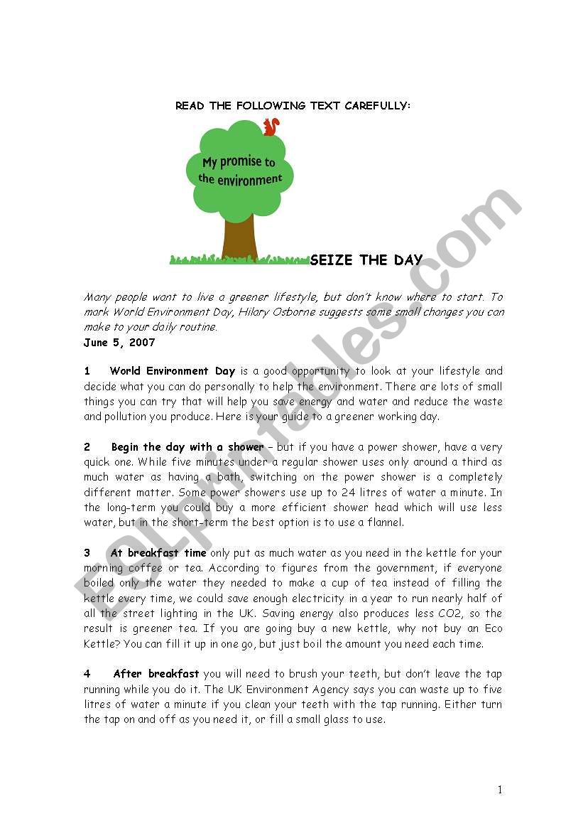 Environment - seize the day worksheet