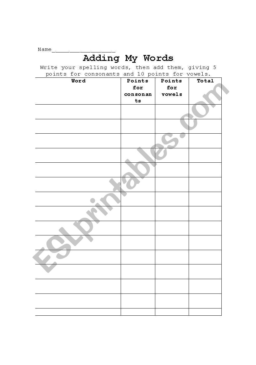 Adding My Words Spelling worksheet