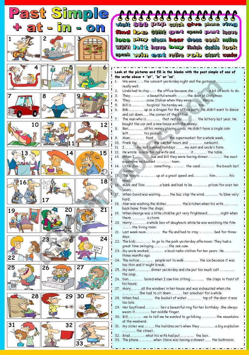 PREPOSITIONS OF PLACE (AT-IN-ON) + PAST SIMPLE EXERCISES ( B&W VERSION AND KEY INCLUDED)