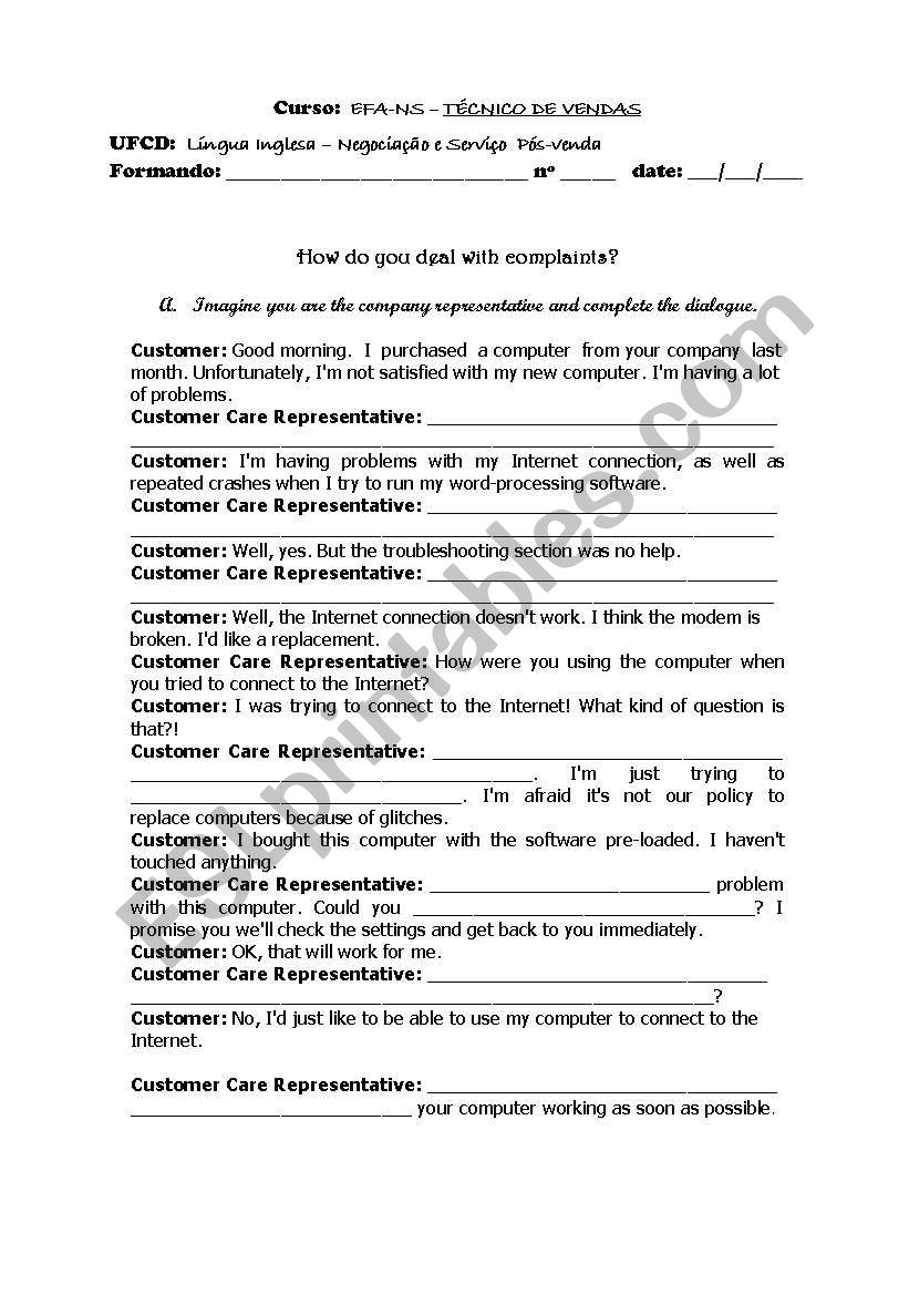 Dealing with complaints worksheet