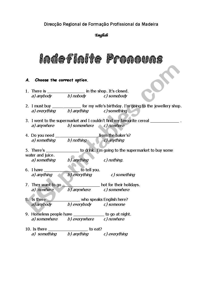 Indefinite Pronouns worksheet