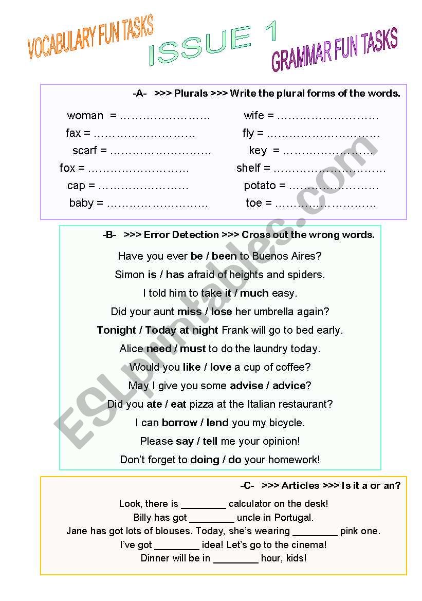 error detection and correction, indefinite articles, plural forms