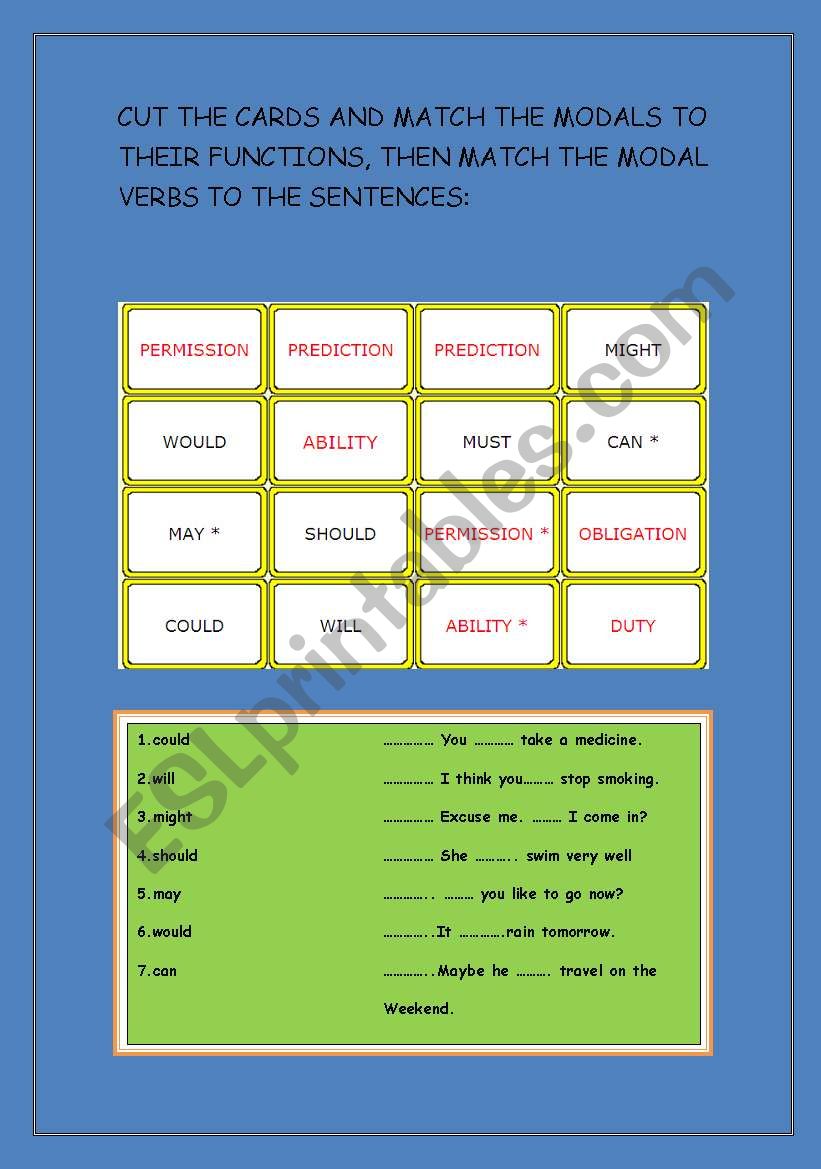 MODALS AND THEIR FUNCTIONS worksheet