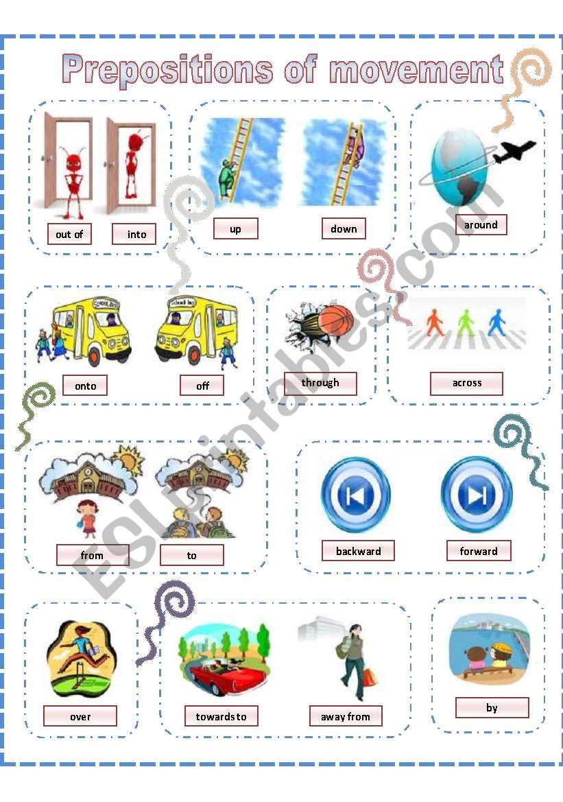Prepositions of movement, poster (B&W version also included)