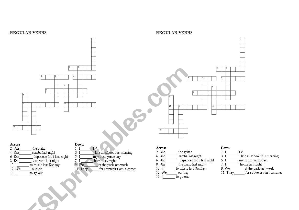 crossword about regular verbs worksheet