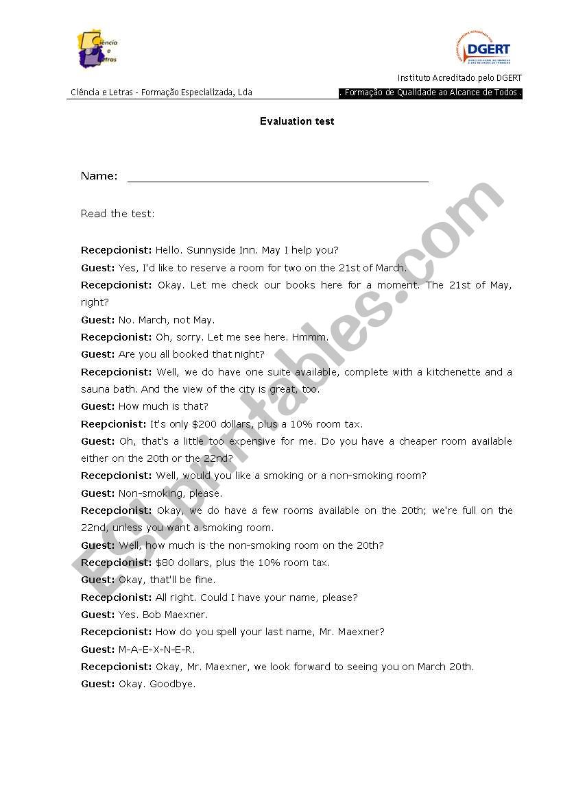 Evaluation test worksheet