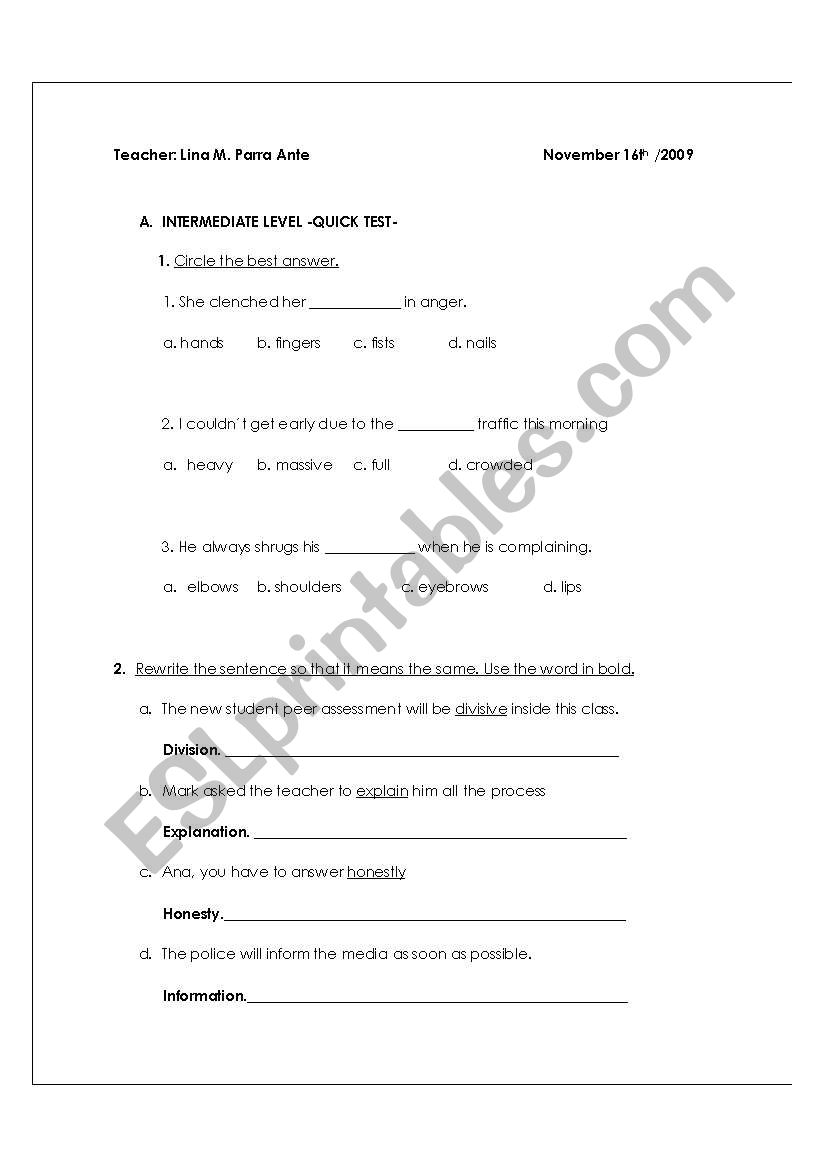 Intermediate Level quiz worksheet