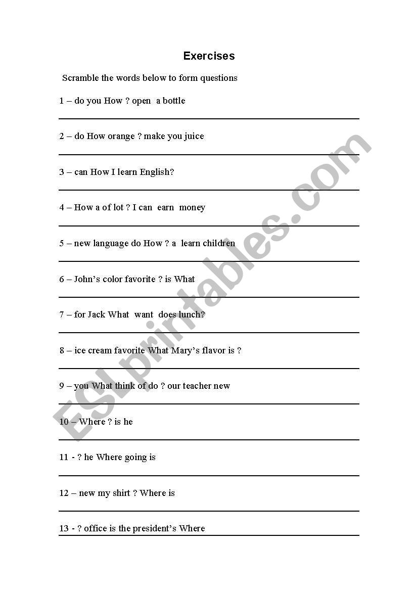 Questions exercises worksheet