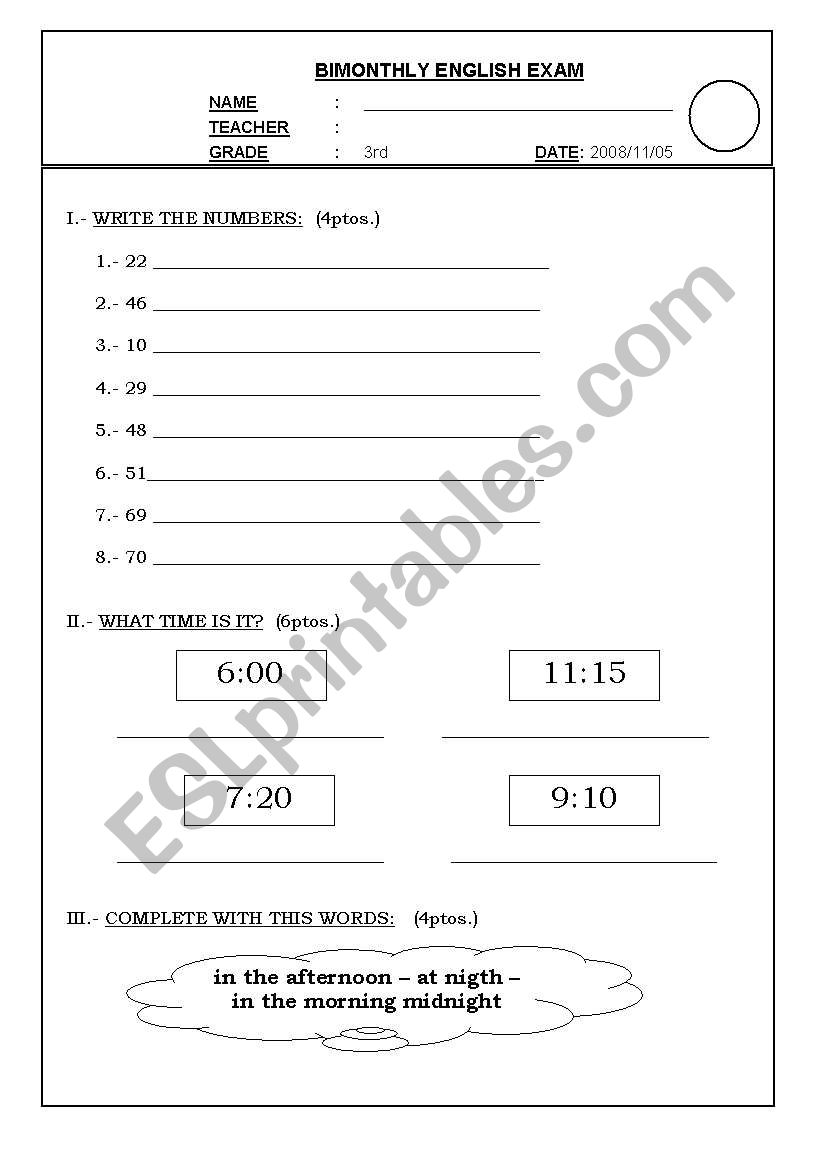 EXAM THE HOUR, NUMBERS worksheet