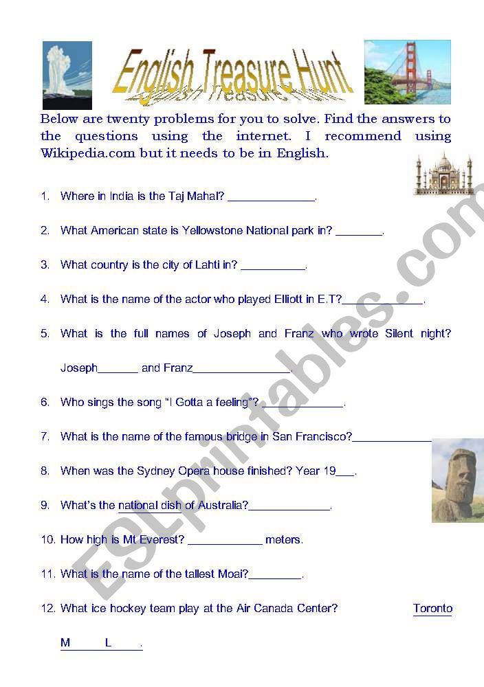 English treasure hunt worksheet