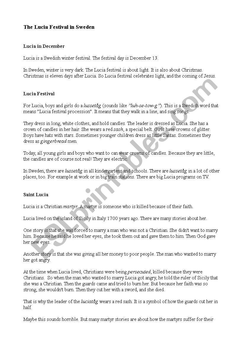 The Lucia Festival in Sweden worksheet