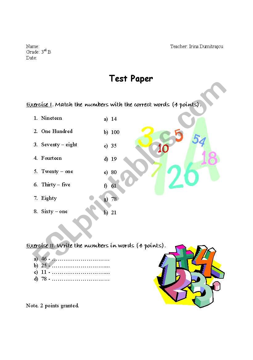 TEST NUMBERS worksheet
