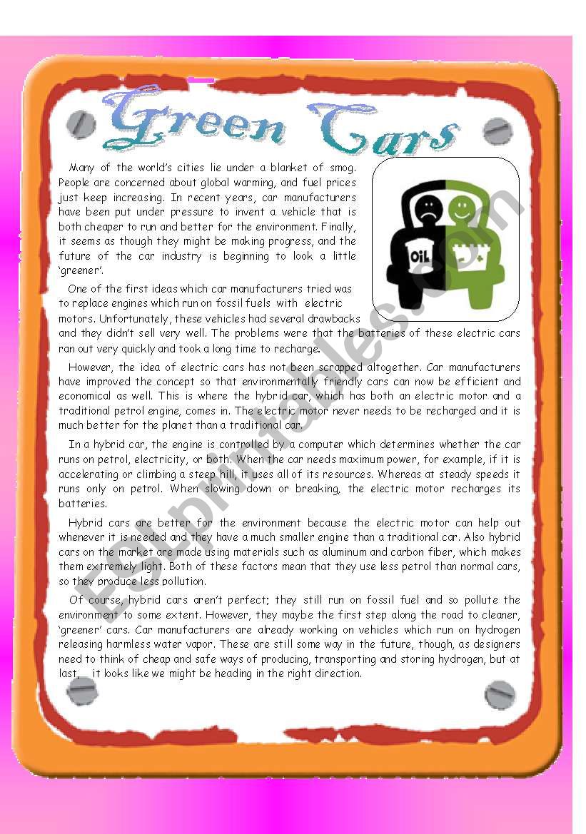 Green Cars worksheet