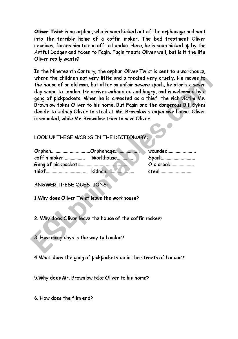 Oliver Twist movie activiy worksheet