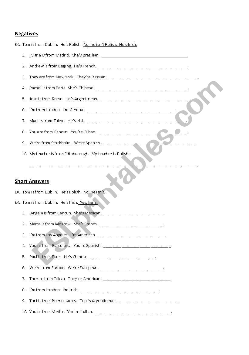 Verb To Be Negative form and Short Answers