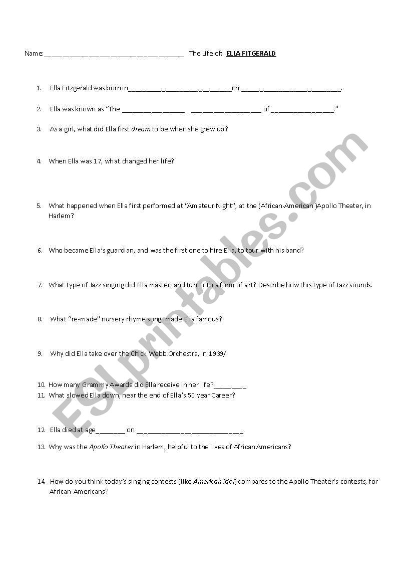 The Life of Ella Fitzgerald worksheet