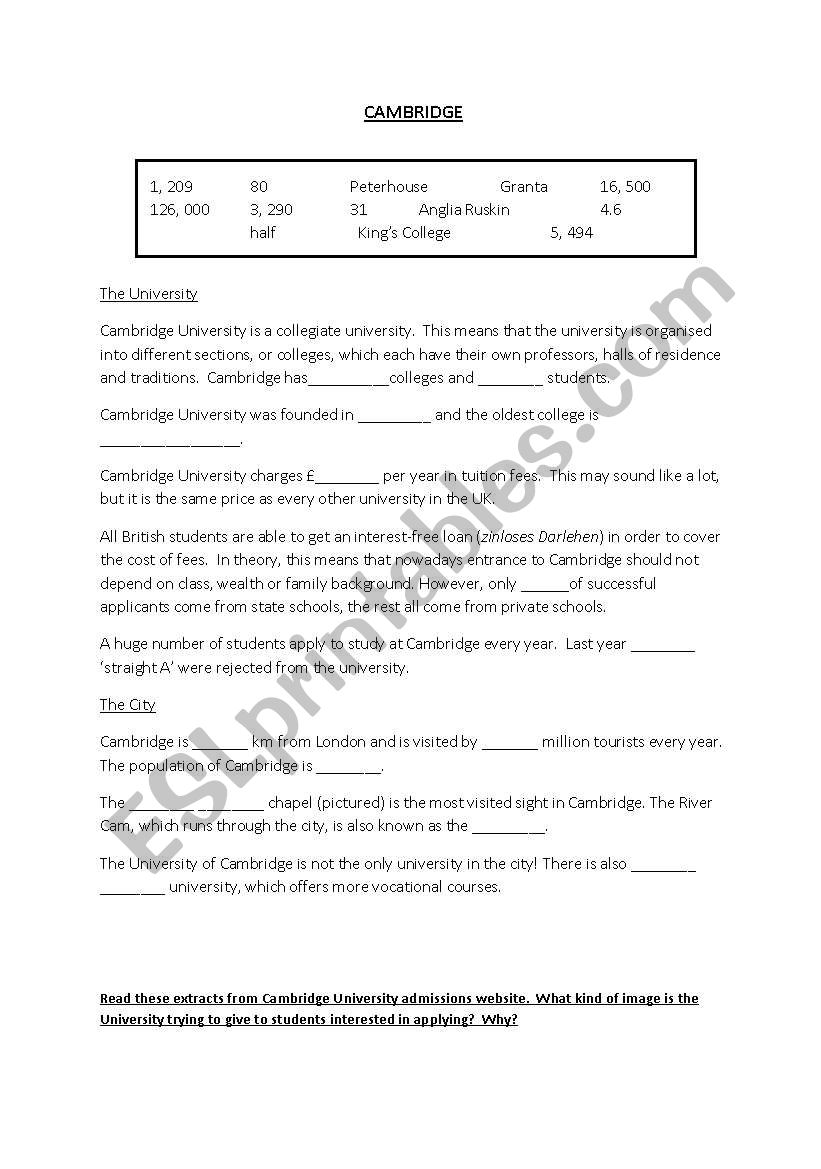 Cambridge worksheet