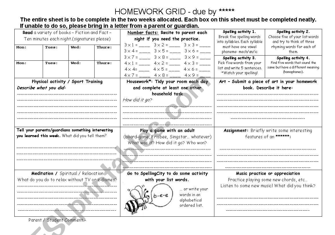 Homework Grid (fortnightly) worksheet