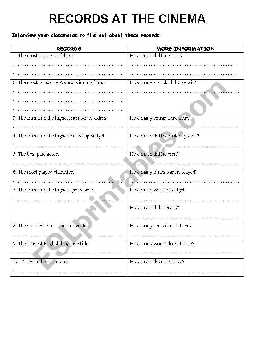 Records at the cinema 2 / 2 worksheet