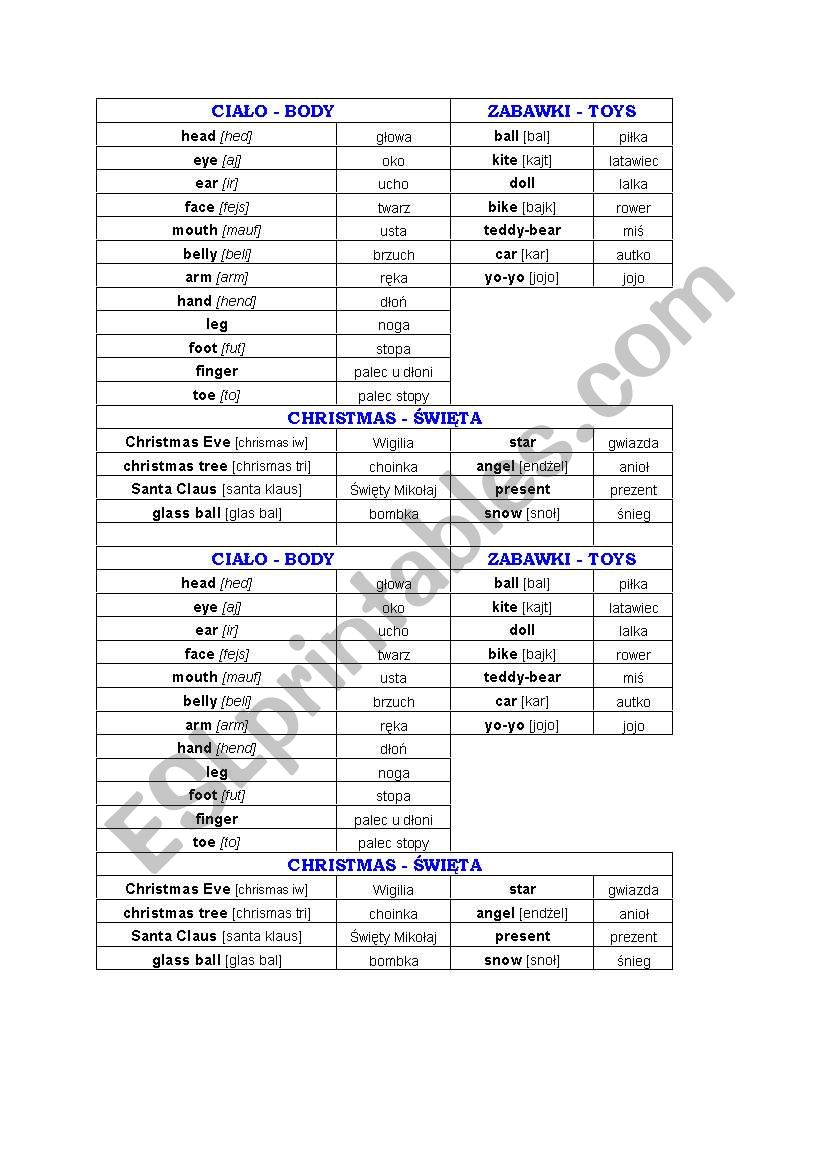 Body, Christmas,Toys - words worksheet