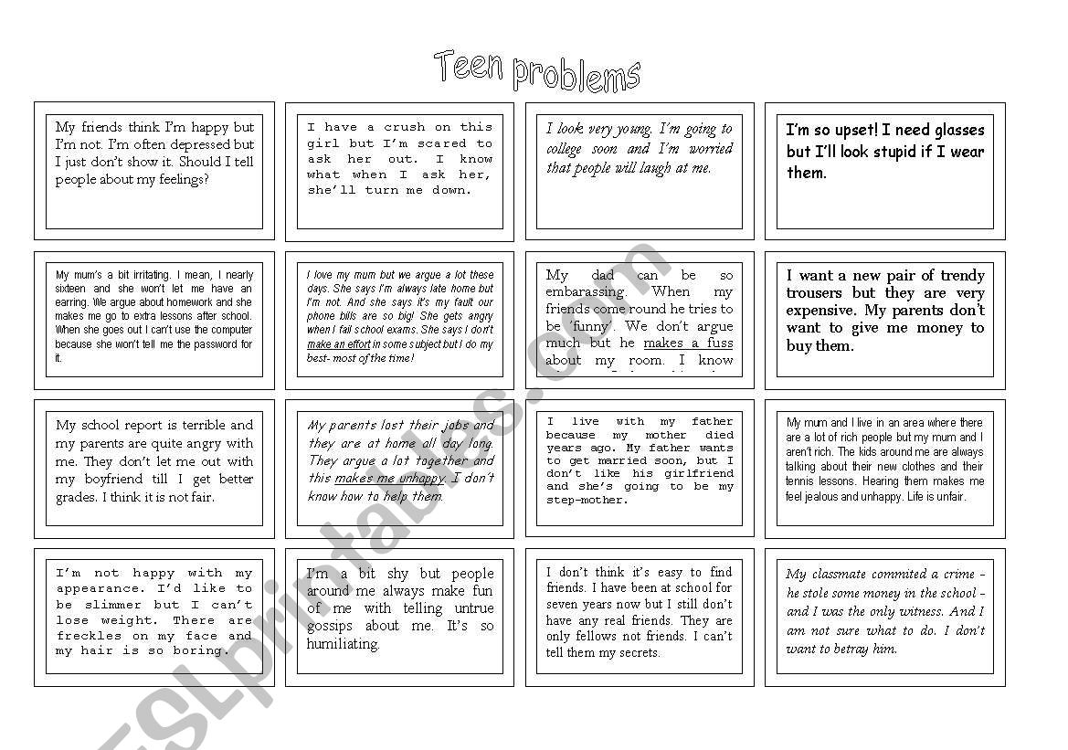 Teen problems - cards worksheet