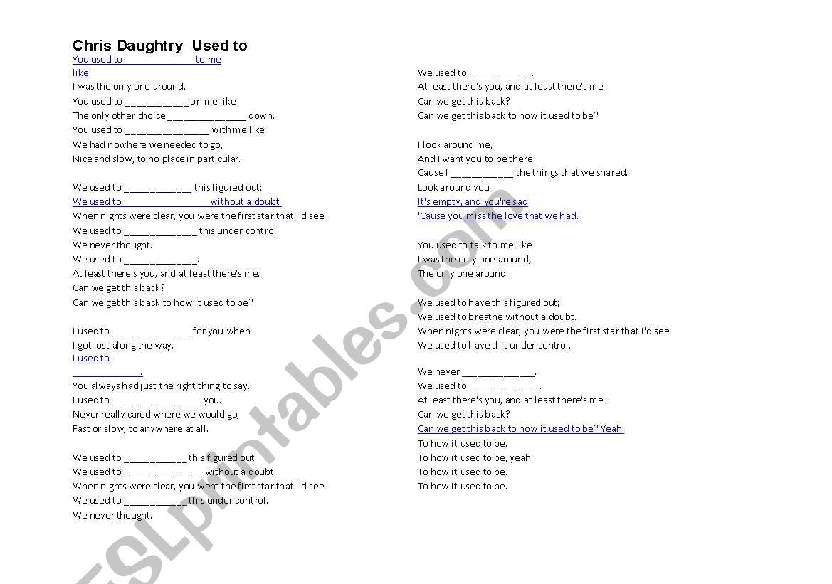 USED TO LYRICS worksheet