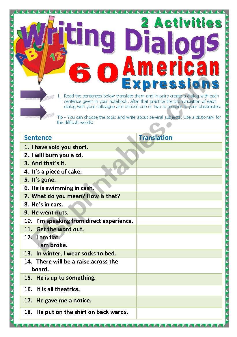 60 American Expressions (33 pages) + 2 activites and a Game. Instructions are included