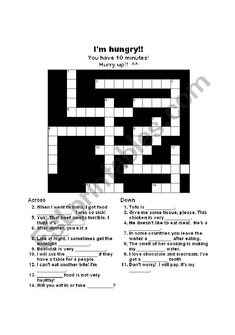 Food crossword & key worksheet