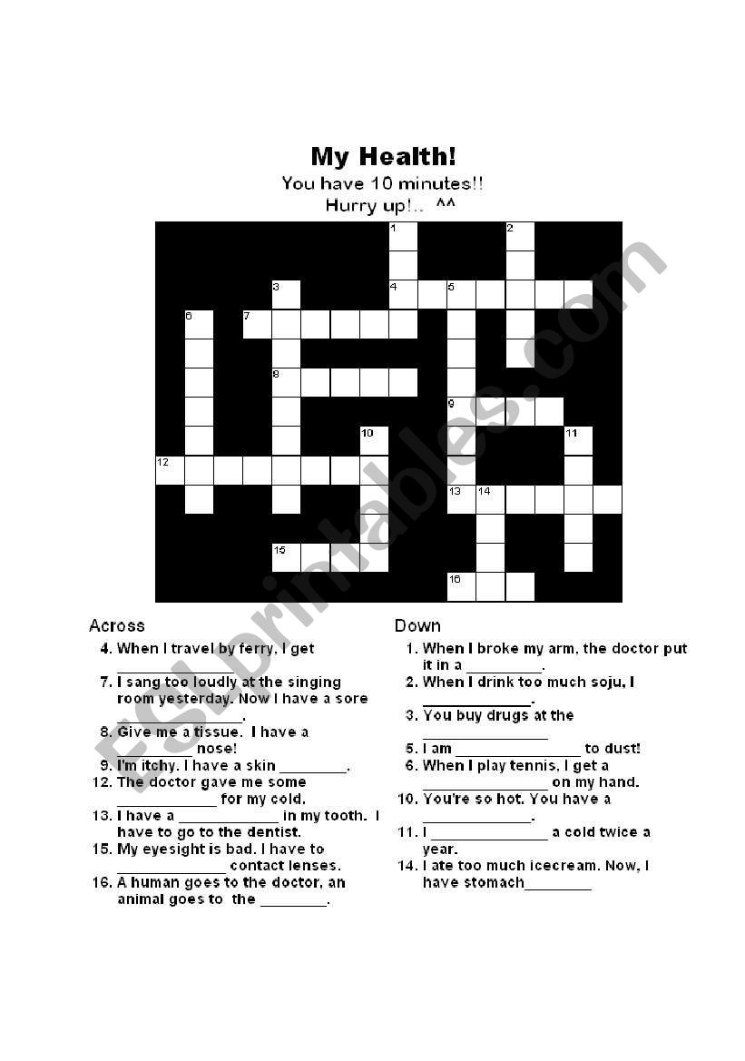 Health crossword & key worksheet