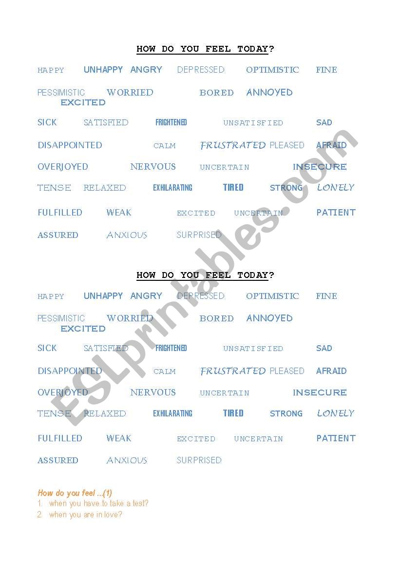 How are you feeling today? worksheet