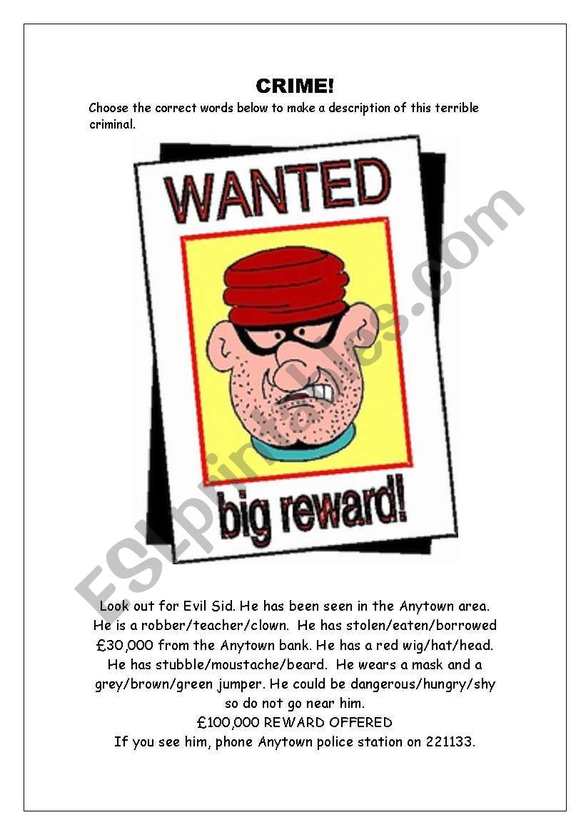 Crime - Wanted! worksheet