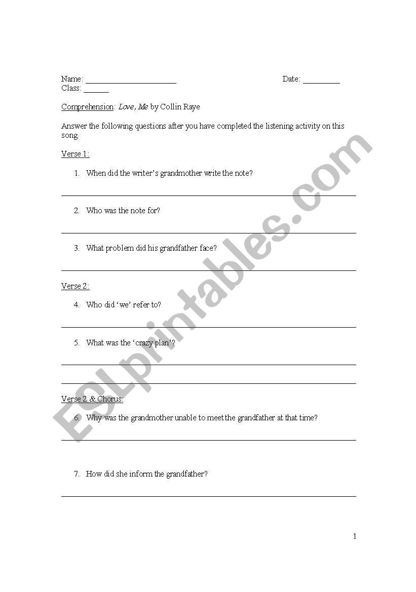 Song: Collin Raye Love Me  worksheet