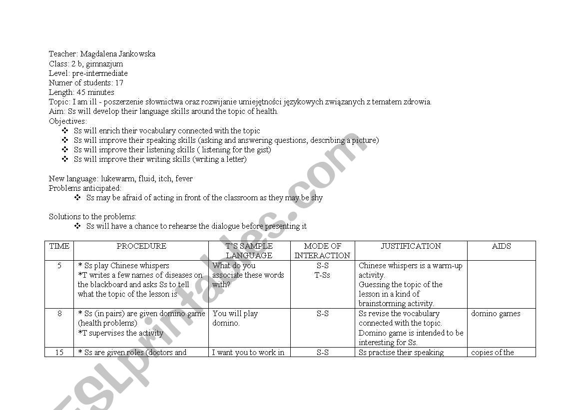 Lesson plan- health  pre-intermediate