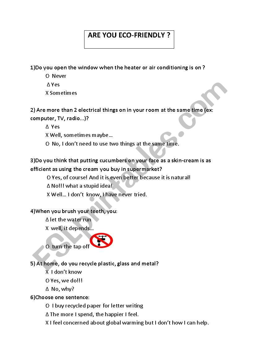 Are you eco friendly? sheet A worksheet