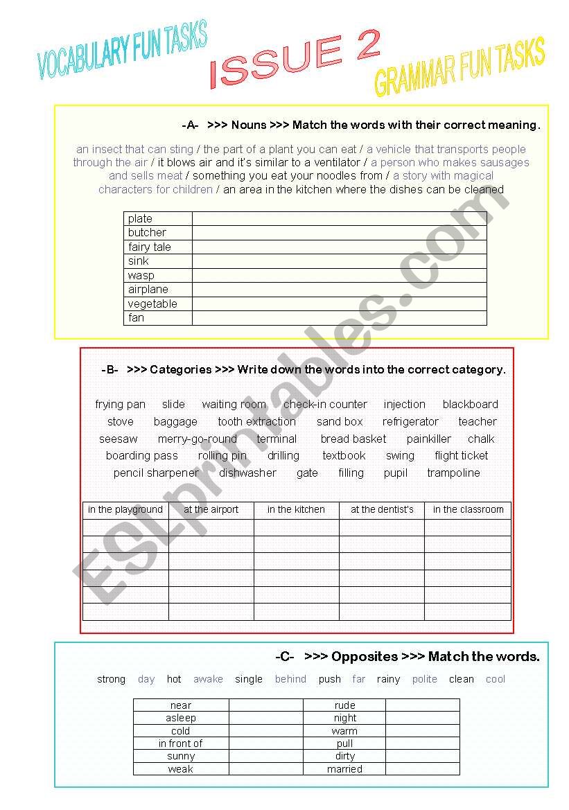 nouns, categories, adjectives, opposites -  3 matching exercises