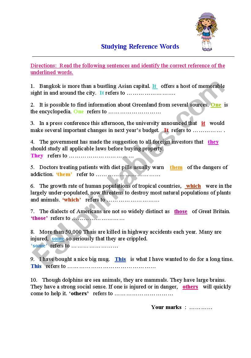 Studying reference words worksheet