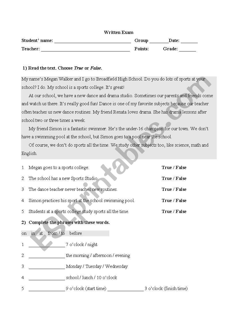 written test worksheet