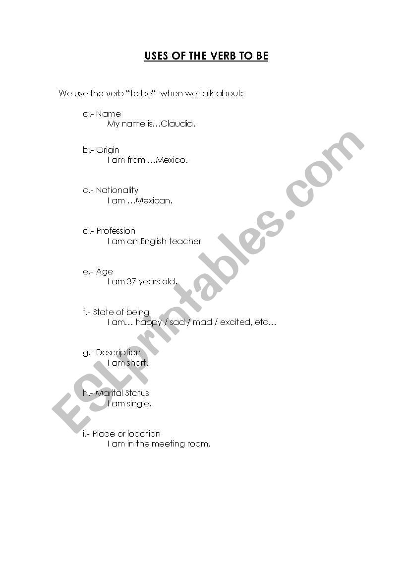 USES OF THE VERB TO BE worksheet