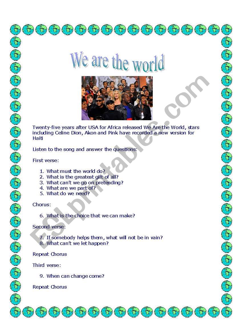 We are the world for Haiti worksheet