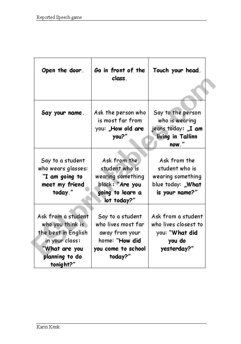 Reported Speech Game worksheet