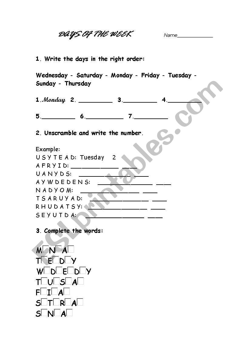 Days of the Week Exercises worksheet