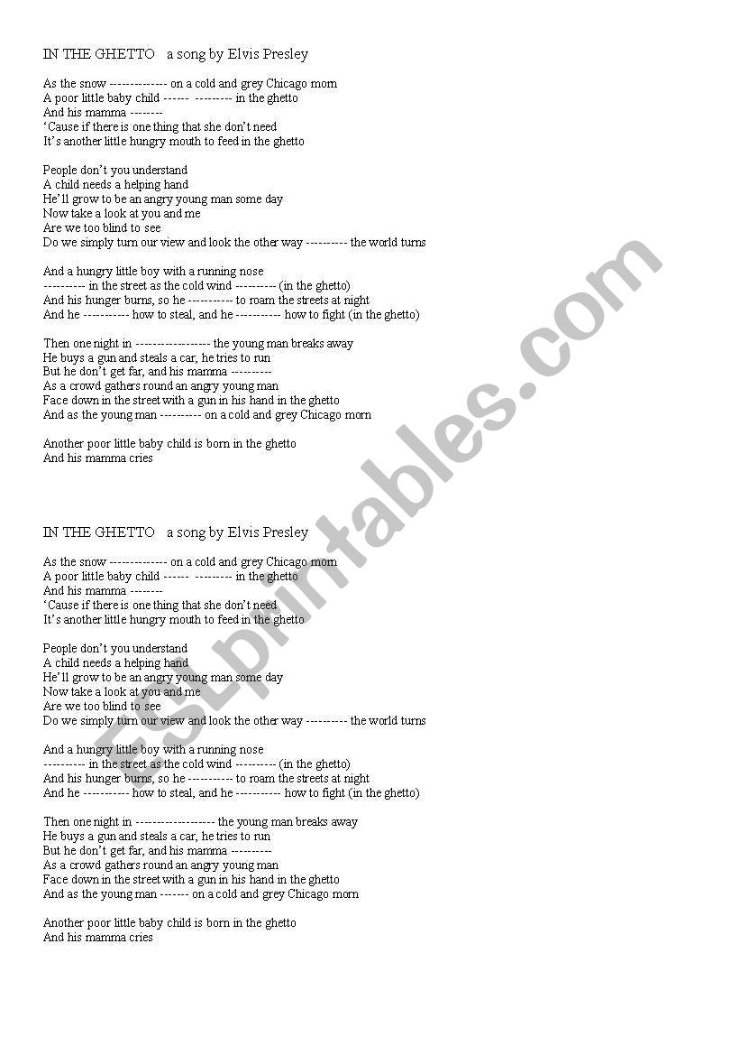 In the Ghetto - Lyrics worksheet