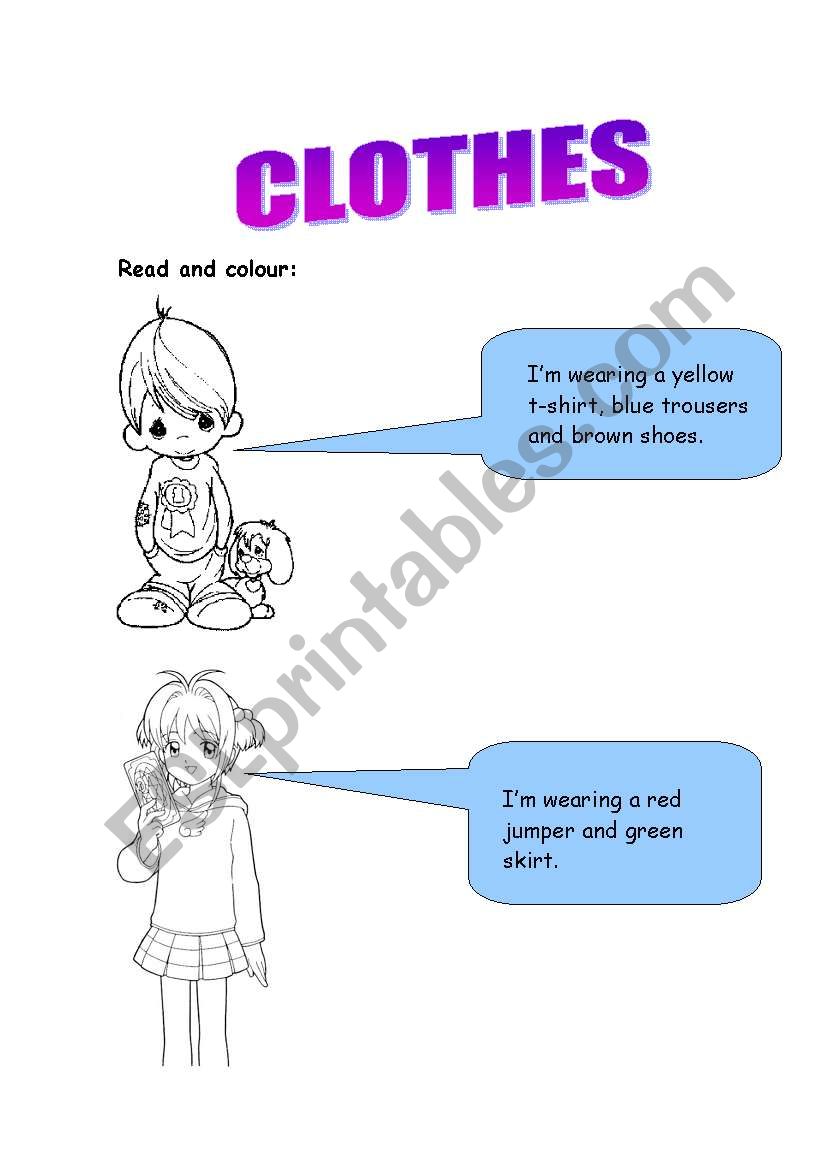Clothes, read and colour worksheet