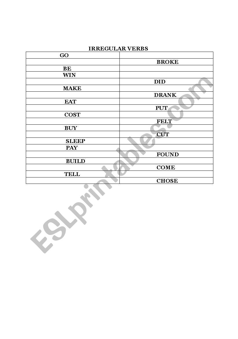 irregular verbs worksheet