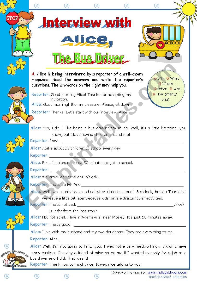 An Interview with Alice, the bus driver  - writing activity for elementary and lower intermediate students (A2)