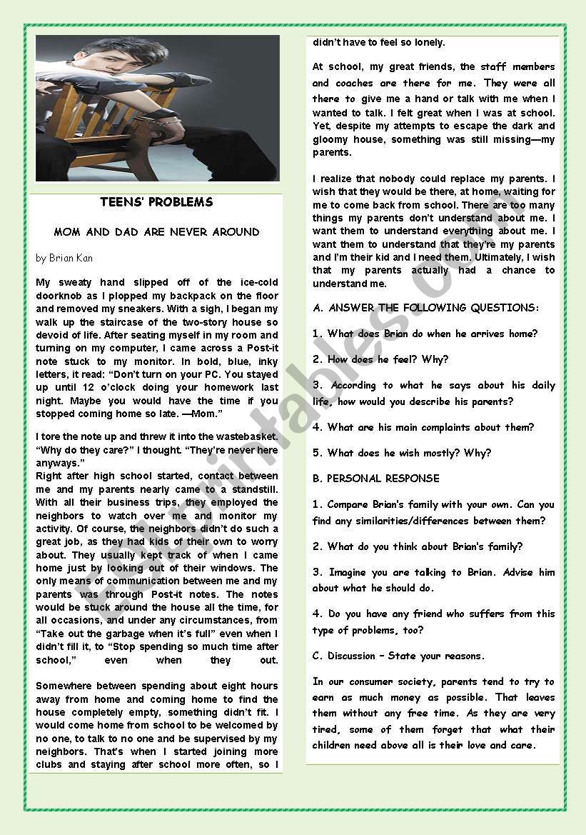 FAMILY LIFE/TEENSÂ´ PROBLEMS-MOM AND DAD ARE NEVER AROUND ! +SPEAKING