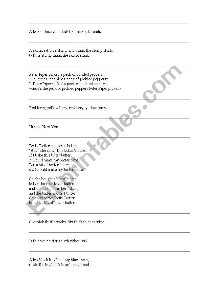 Tonguetwisters worksheet