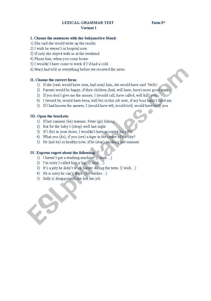 test on conditionals worksheet