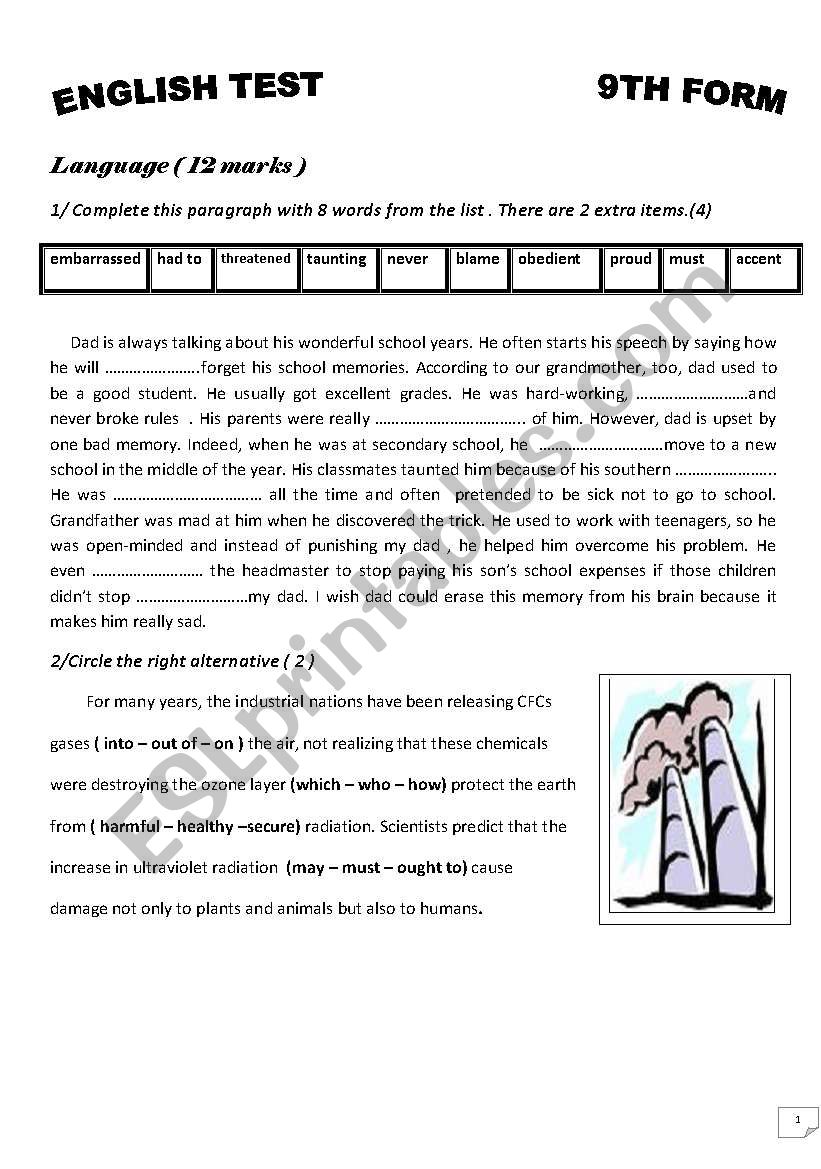9th form test  worksheet