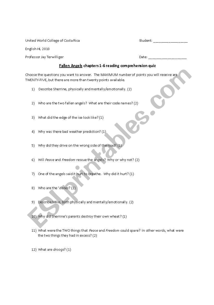 FALLEN ANGELS Chapters 1-6 Reading Questions or Quiz